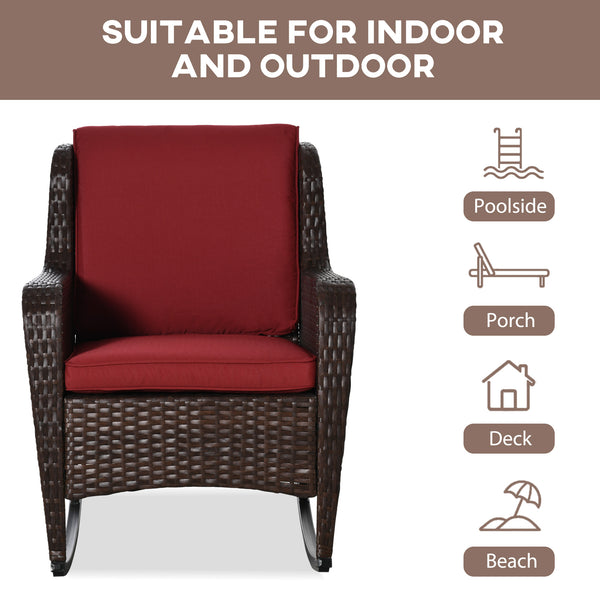 Outsunny Outdoor Wicker Rocking Chair with Wide Seat, Thick Cushions, Rattan Rocker with Steel Frame, High Weight Capacity for Patio, Garden, Backyard, Wine Red