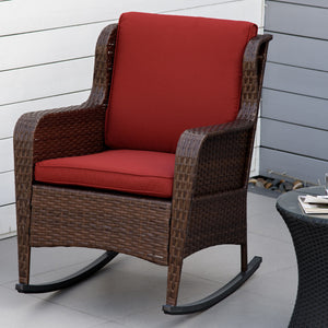 Outsunny Outdoor Wicker Rocking Chair with Wide Seat, Thick Cushions, Rattan Rocker with Steel Frame, High Weight Capacity for Patio, Garden, Backyard, Wine Red