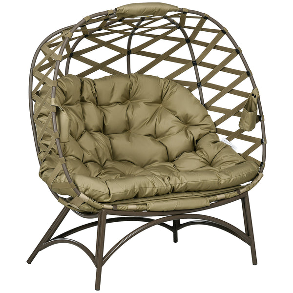 Egg Chair Outdoor, 2 Seater Folding Weave Garden Furniture Chair with Cushion, Cup Pockets for Patio Balcony - Khaki