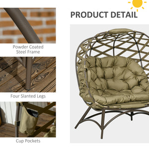 Egg Chair Outdoor, 2 Seater Folding Weave Garden Furniture Chair with Cushion, Cup Pockets for Patio Balcony - Khaki