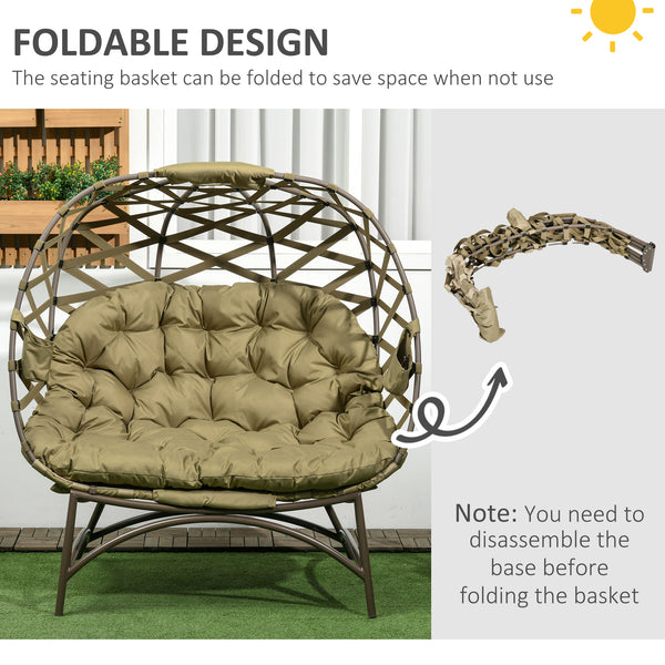 Egg Chair Outdoor, 2 Seater Folding Weave Garden Furniture Chair with Cushion, Cup Pockets for Patio Balcony - Khaki