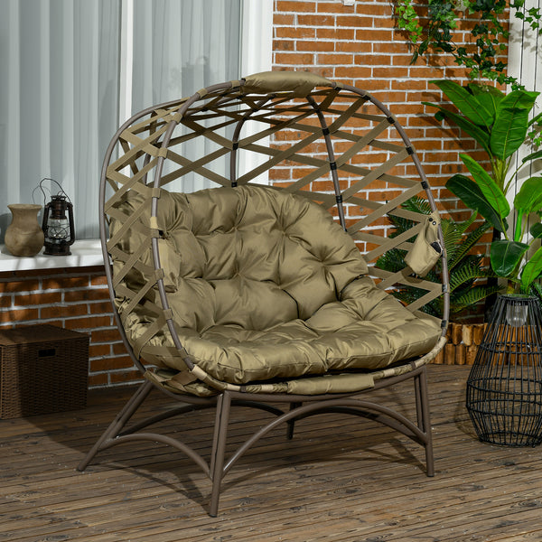 Egg Chair Outdoor, 2 Seater Folding Weave Garden Furniture Chair with Cushion, Cup Pockets for Patio Balcony - Khaki