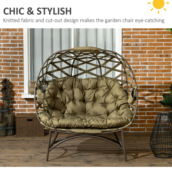 Egg Chair Outdoor, 2 Seater Folding Weave Garden Furniture Chair with Cushion, Cup Pockets for Patio Balcony - Khaki