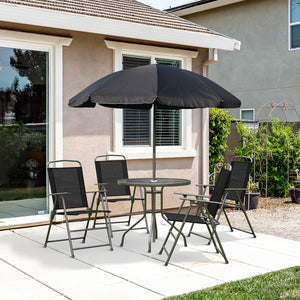 Outsunny 6 Piece Patio Dining Set for 4 with Umbrella, Outdoor Table and Chairs with 4 Folding Dining Chairs & Round Glass Table for Garden, Backyard and Poolside, Black