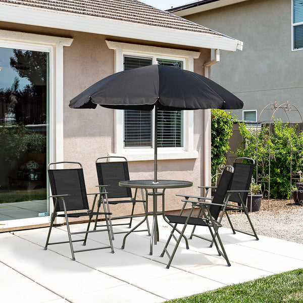 Outsunny 6 Piece Patio Dining Set for 4 with Umbrella, Outdoor Table and Chairs with 4 Folding Dining Chairs & Round Glass Table for Garden, Backyard and Poolside, Black