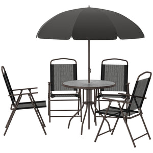 Outsunny 6 Piece Patio Dining Set for 4 with Umbrella, Outdoor Table and Chairs with 4 Folding Dining Chairs & Round Glass Table for Garden, Backyard and Poolside, Black