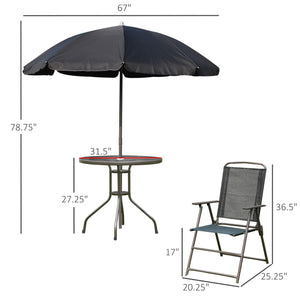 Outsunny 6 Piece Patio Dining Set for 4 with Umbrella, Outdoor Table and Chairs with 4 Folding Dining Chairs & Round Glass Table for Garden, Backyard and Poolside, Black