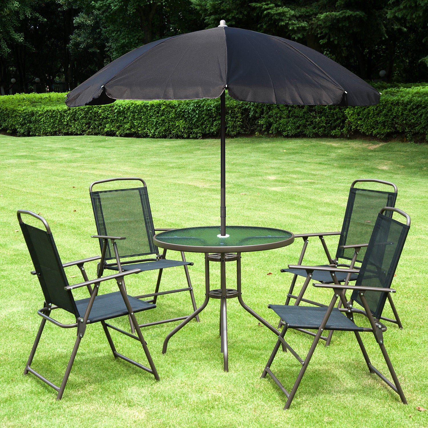 6 piece patio dining set with umbrella Outsunny Patio Dining Set, 6 Piece, Outdoor with Umbrella, Folding Chairs & Round Table