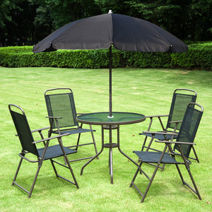 Outsunny 6 Piece Patio Dining Set for 4 with Umbrella, Outdoor Table and Chairs with 4 Folding Dining Chairs & Round Glass Table for Garden, Backyard and Poolside, Black