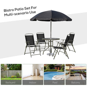 Outsunny 6 Piece Patio Dining Set for 4 with Umbrella, Outdoor Table and Chairs with 4 Folding Dining Chairs & Round Glass Table for Garden, Backyard and Poolside, Black