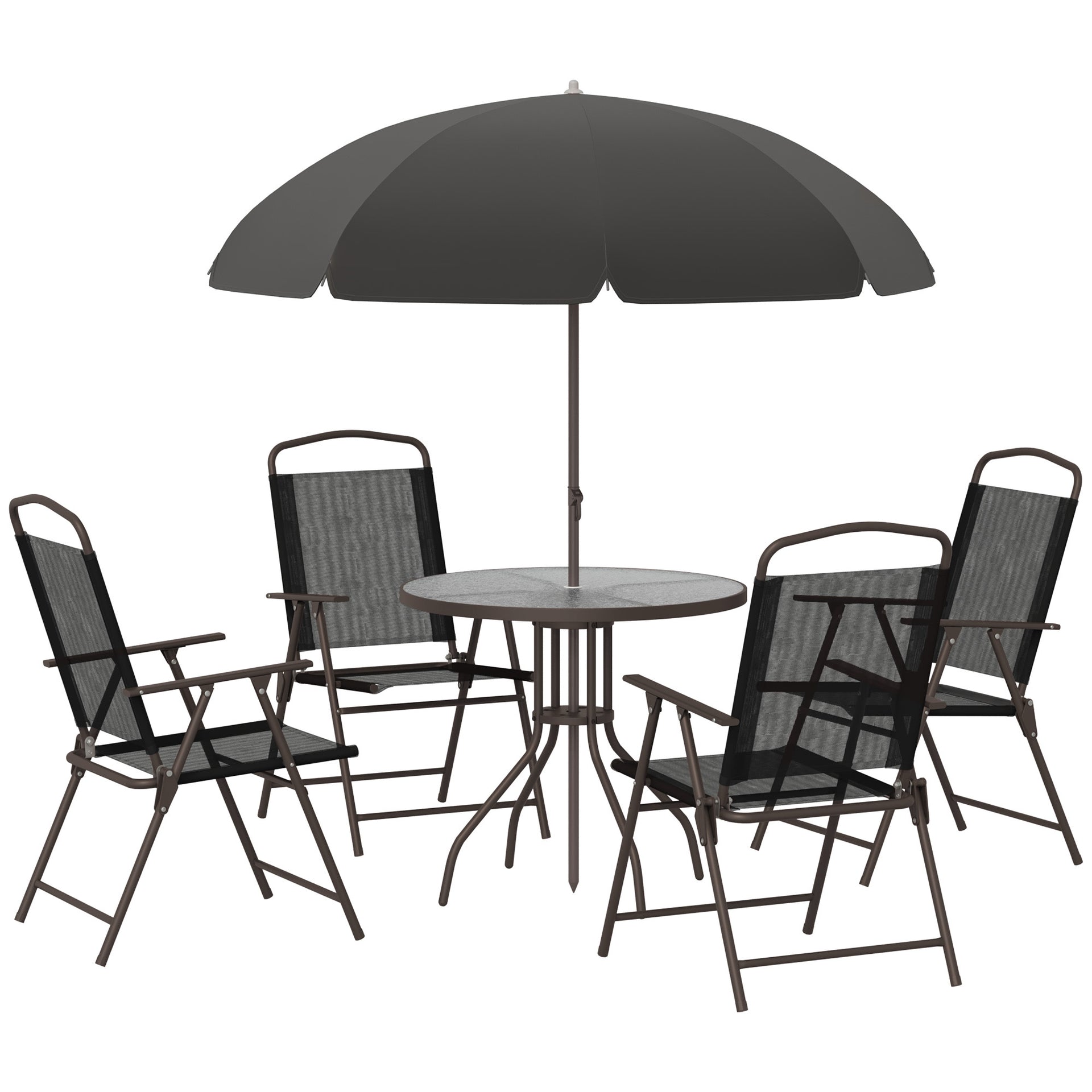 6 Piece Outdoor Dining Sets for 4 with Umbrella, 4 Folding Chairs & Round Glass Table, Black