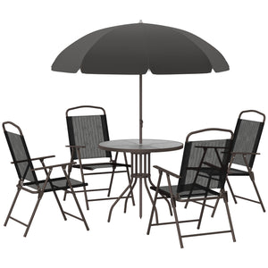 Outsunny 6 Piece Patio Dining Set for 4 with Umbrella, Outdoor Table and Chairs with 4 Folding Dining Chairs & Round Glass Table for Garden, Backyard and Poolside, Black