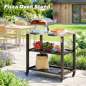 Outdoor Grill Cart with Stainless Steel Tabletop, 2 Shelves, Rolling Prep Dining Cart with Lockable Wheels, Bottle Opener, Pizza Oven Stand Table for Kitchen Prep, Black