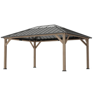 12' x 16' Hardtop Gazebo with Galvanized Steel Roof, Wood Permanent Pavilion Canopy Shelter with Clear Roof Top, UPF50+ Protection, Ceiling Hooks for Lawn, Backyard, Deck, Light Walnut