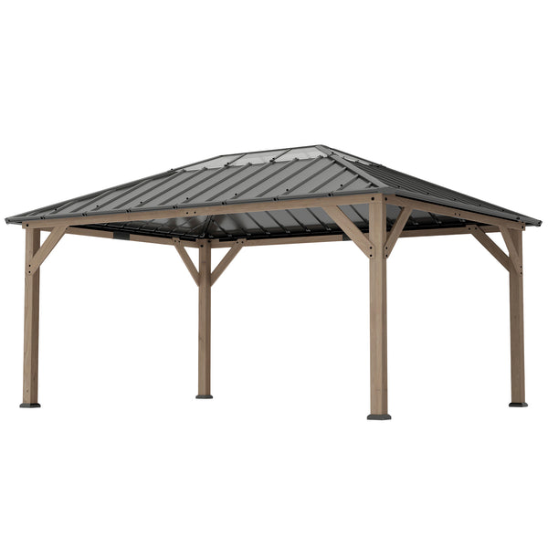 12' x 16' Hardtop Gazebo with Galvanized Steel Roof, Wood Permanent Pavilion Canopy Shelter with Clear Roof Top, UPF50+ Protection, Ceiling Hooks for Lawn, Backyard, Deck, Light Walnut