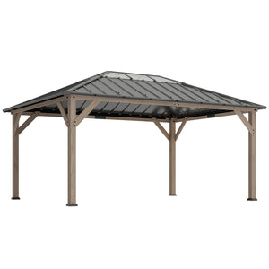 12' x 16' Hardtop Gazebo with Galvanized Steel Roof, Wood Permanent Pavilion Canopy Shelter with Clear Roof Top, UPF50+ Protection, Ceiling Hooks for Lawn, Backyard, Deck, Light Walnut