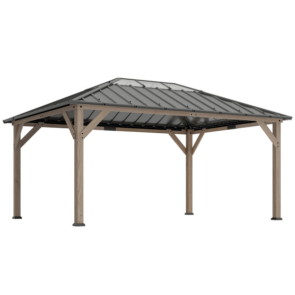 12' x 16' Hardtop Gazebo with Galvanized Steel Roof, Wood Permanent Pavilion Canopy Shelter with Clear Roof Top, UPF50+ Protection, Ceiling Hooks for Lawn, Backyard, Deck, Light Walnut