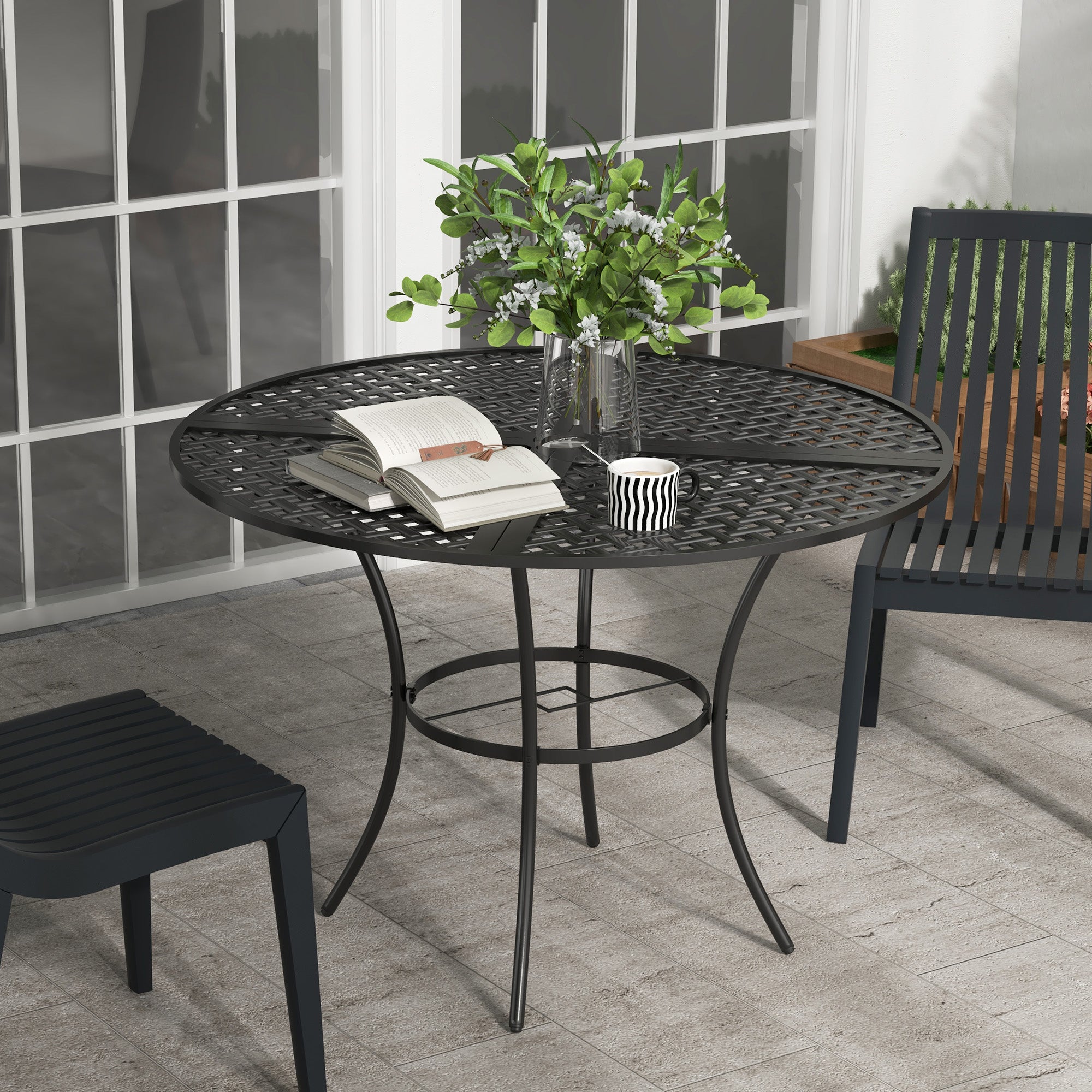 42 round patio table with umbrella hole Outsunny 42" Round Outdoor Dining Table for 4, Metal Patio Dining Table with Umbrella Hole, Black
