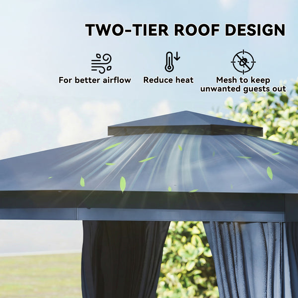 10' x 12' Outdoor Patio Gazebo, Soft Top Gazebo Canopy Shelter with Double Roof, Curtains, Netting, Steel Frame, UPF30+ Protection, Ceiling Hooks for Lawn, Backyard, Deck, Blue