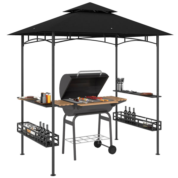 8' x 5' Grill Gazebo, 2-Tier Outdoor BBQ Gazebo with 2 Side Shelves, Storage Baskets and Ceiling Hook for Patio Deck Yard, Dark Gray
