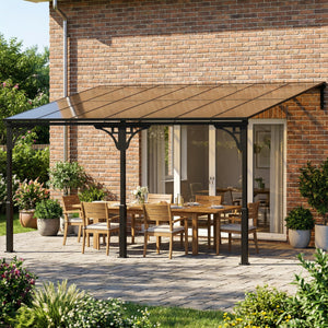 13' x 10' Lean to Gazebo, Hardtop Wall Mounted Outdoor Pergola with Polycarbonate Roof and Metal-Aluminium Frame, Heavy Duty Metal Pergola for Patio Deck Backyard, Brown