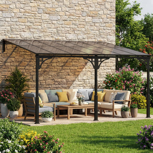 4 x 3 m Metal Lean-to Pergola, Wall-Mounted Garden Pergola with Polycarbonate Roof and Metal-Aluminium Frame, Heavy Duty Hardtop Gazebo for Outdoor Patios, BBQ, Brown