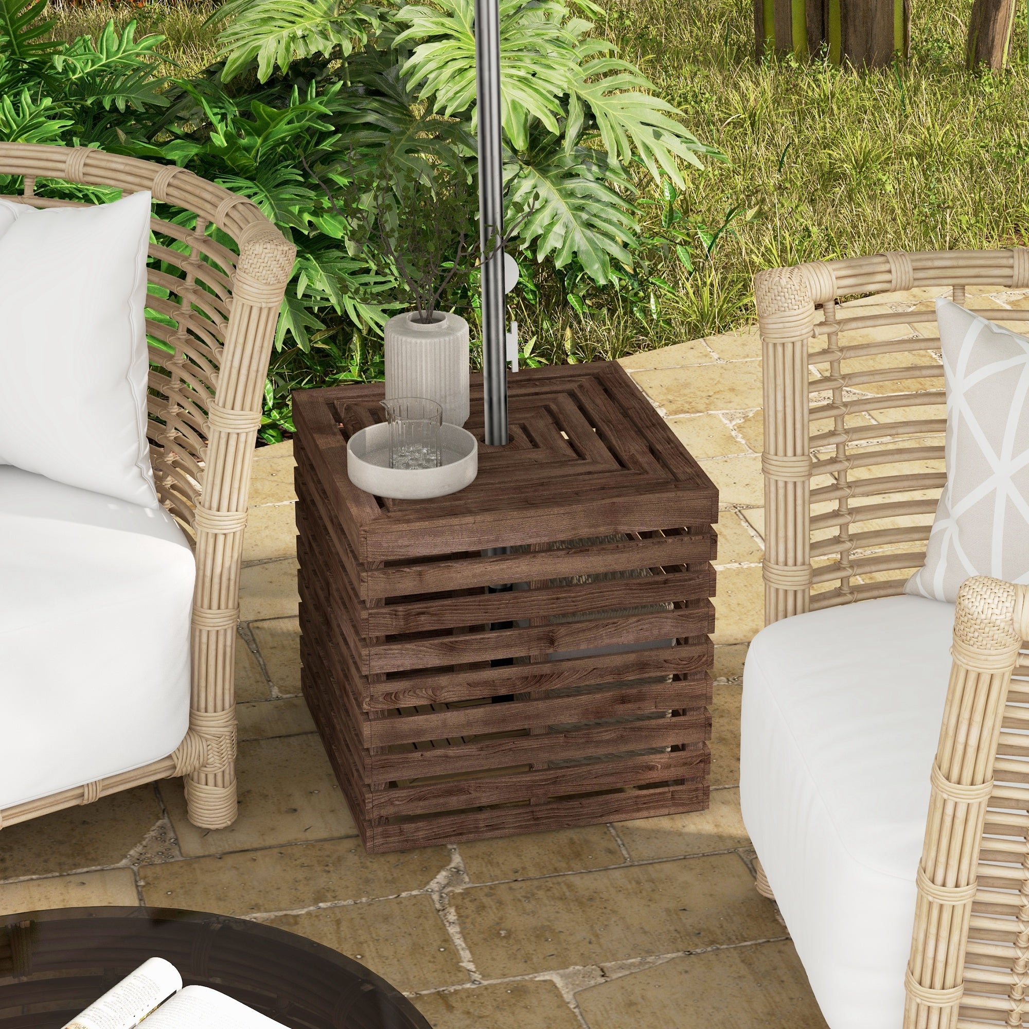cheap patio umbrella with base Outsunny Outdoor Umbrella Base Storage Box 2-in-1 Wooden Patio Coffee Table Brown