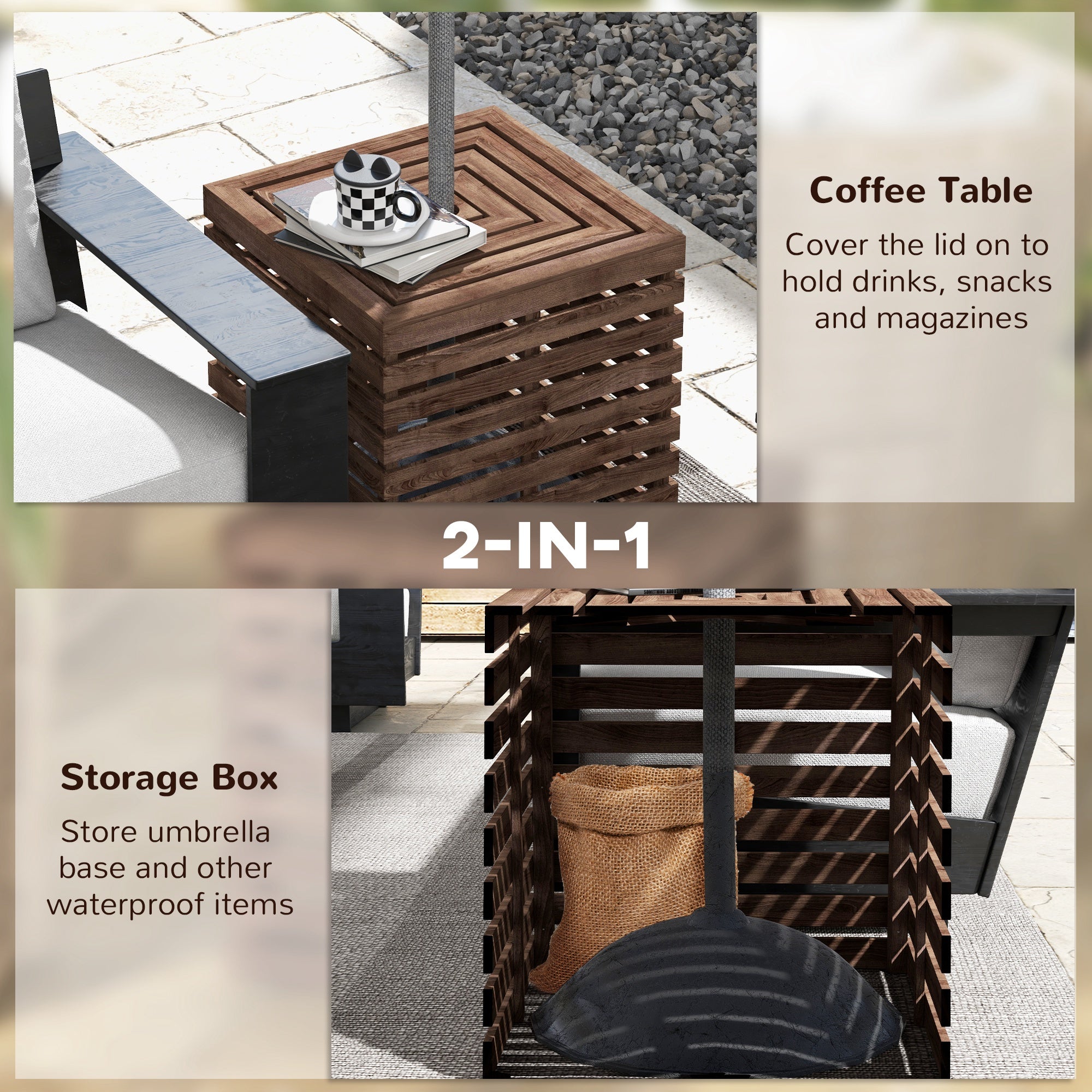 crate and barrel patio umbrella stand Outsunny Outdoor Umbrella Base Storage Box 2-in-1 Wooden Patio Coffee Table Brown