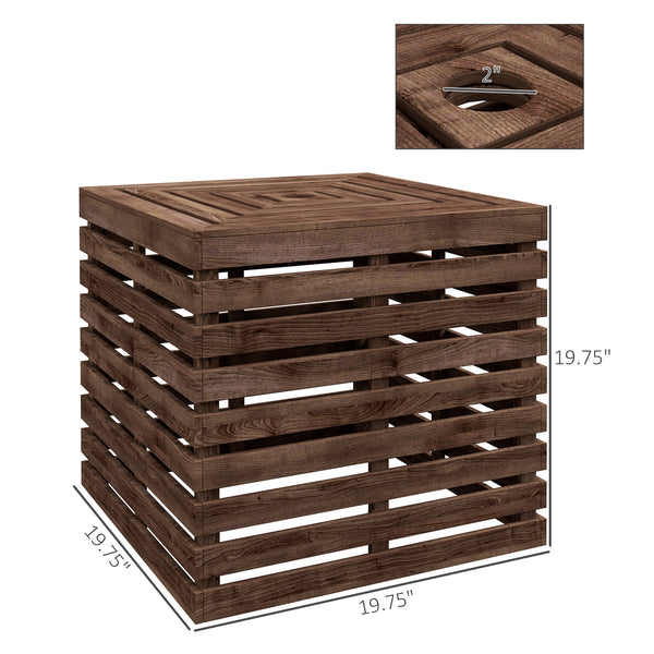 Outsunny 2-in-1 Outdoor Storage Box for Umbrella Base, Coffee End Table, Wooden Patio Umbrella Stand Table with Umbrella Hole, Brown