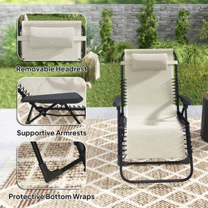 Zero Gravity Chair, Folding Outdoor Lounge Chair, 5-Position Adjustable Patio Lounger Recliner with Padded Removable Headrest for Lawn, Beach, Poolside, Beige