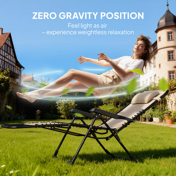 Zero Gravity Chair, Folding Outdoor Lounge Chair, 5-Position Adjustable Patio Lounger Recliner with Padded Removable Headrest for Lawn, Beach, Poolside, Beige