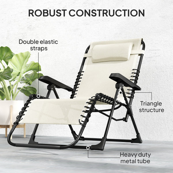 Zero Gravity Chair, Folding Outdoor Lounge Chair, 5-Position Adjustable Patio Lounger Recliner with Padded Removable Headrest for Lawn, Beach, Poolside, Beige