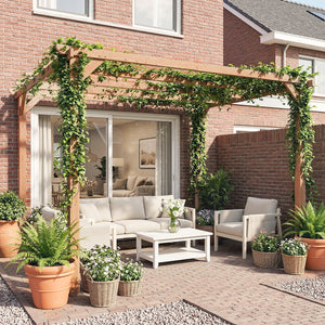 3 x 3 m Wooden Pergola Kit, Garden Pergola Gazebo Grape Trellis with Triangle Supports, 5 Crossing Beams for Climbing Vines, Flowers, Sun Shade Shelter for Grill, Patio, Maple Wood-effect