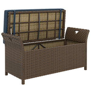 2-In-1 Patio Wicker Storage Bench, 29 Gallon Outdoor PE Rattan Patio Furniture, Large Capacity Rectangle Basket Box with Handles and Cushion, Navy Blue