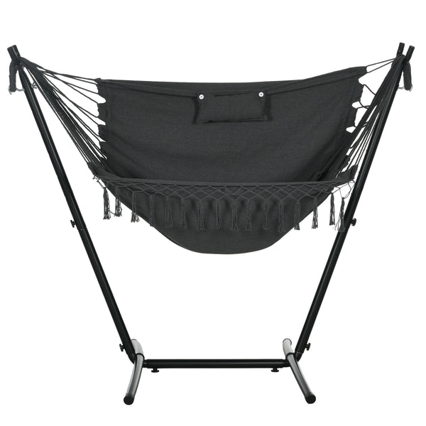 Outsunny Patio Hammock Chair with Stand, Outdoor Hammock Swing Hanging Lounge Chair with Side Pocket and Headrest, Dark Gray