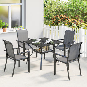 5 Pieces Garden Dining Set for 4, Patio Table and Stackable Chairs with Breathable Mesh Seat and Parasol Hole, Garden Furniture Set with Steel Frame for Garden, Dark Grey