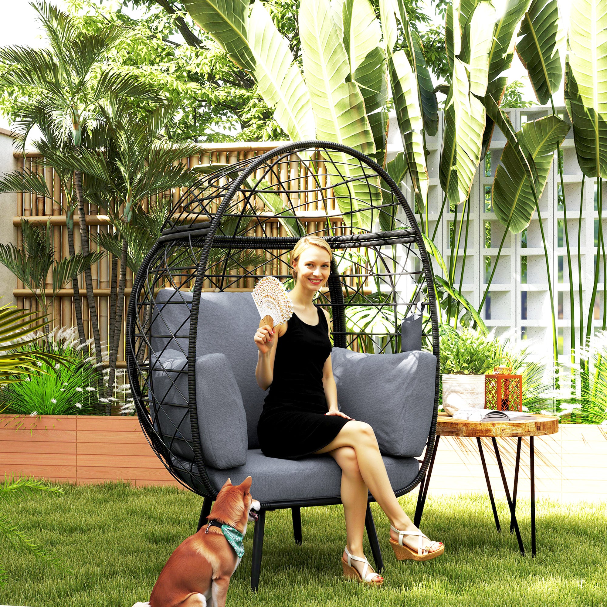 Outsunnny Rattan Wicker Egg Chair, Oversized Indoor Outdoor Lounge