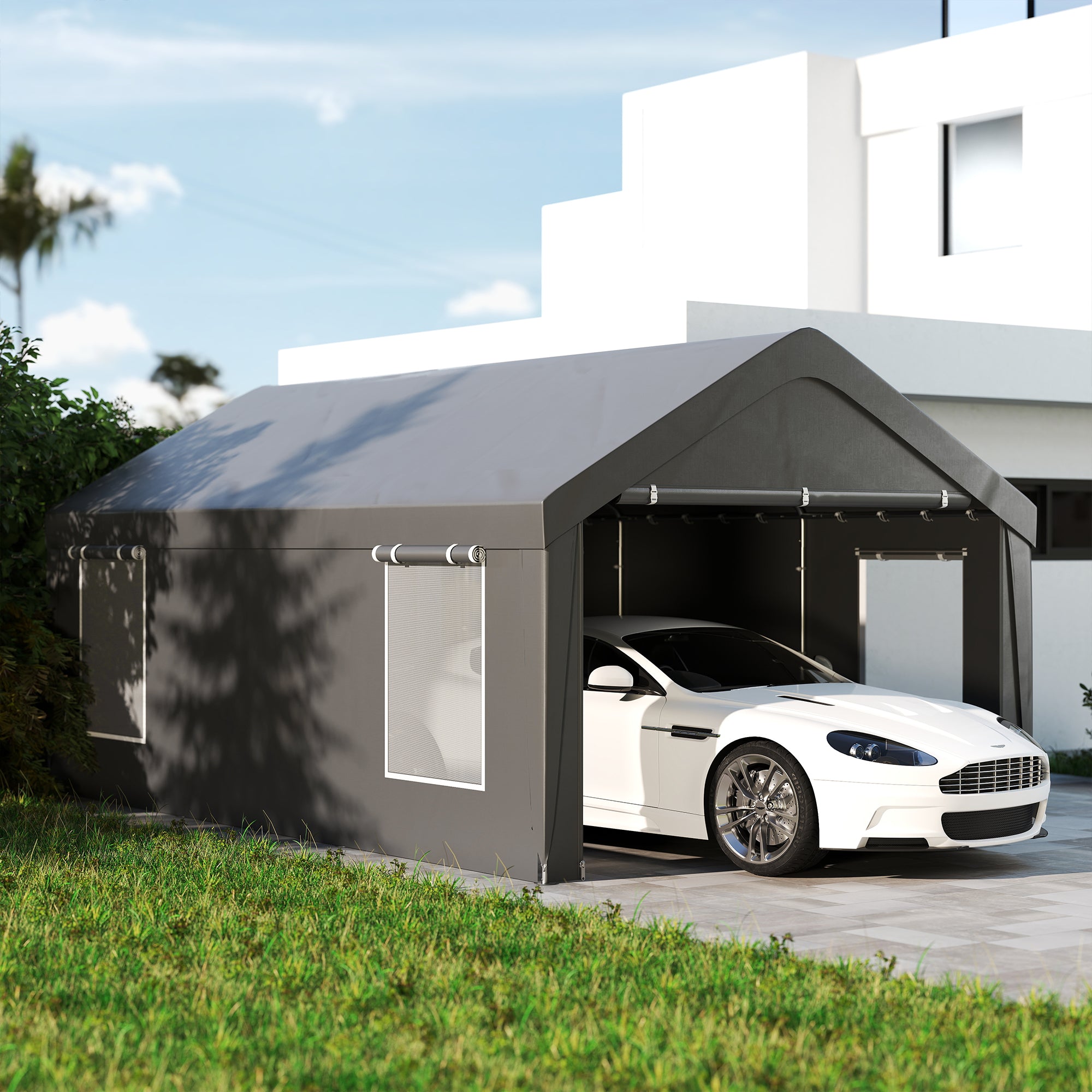 Outsunny 12' x 20' Portable Garage with 2 Roll-Up Doors, 4 Windows