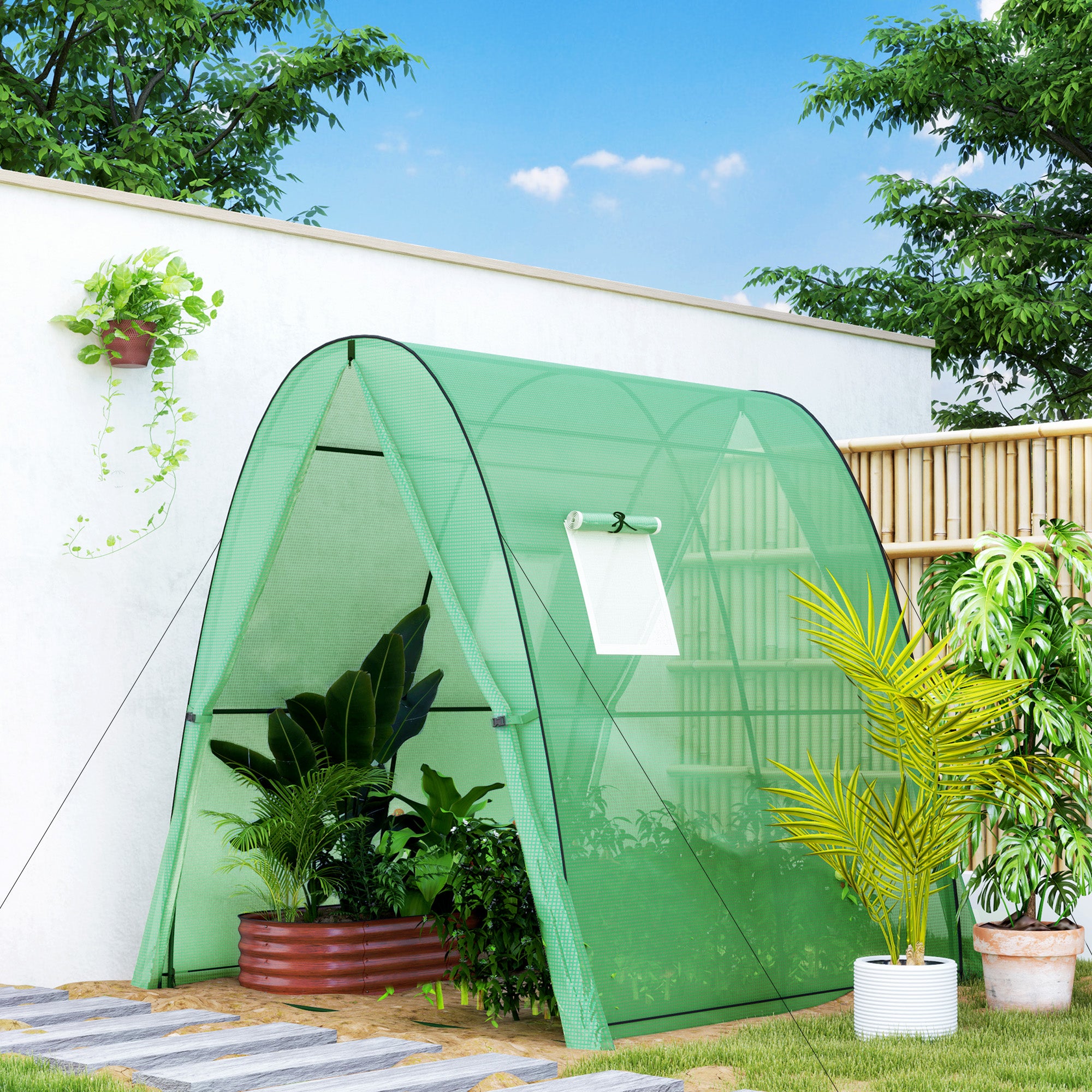hoop houses for plants Outsunny 6' x 6' x 6.6' Hoop House Greenhouse with Sandbags and Cover, Tunnel Green House with 2 Doors, Green