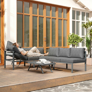 3 Pieces Garden Furniture Set, Aluminium Corner Lounge Set with Adjustable Backrest and Coffee Table, Outdoor Conversation Furniture with Cushions, Dark Grey