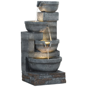 Outsunny 30" Tall Outdoor Water Fountain with LED Lights, 4-Tier Resin Cascading Bowls Outdoor Fountain Waterfall Fountain with Pump, Gray