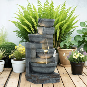 Outsunny 30" Tall Outdoor Water Fountain with LED Lights, 4-Tier Resin Cascading Bowls Outdoor Fountain Waterfall Fountain with Pump, Gray