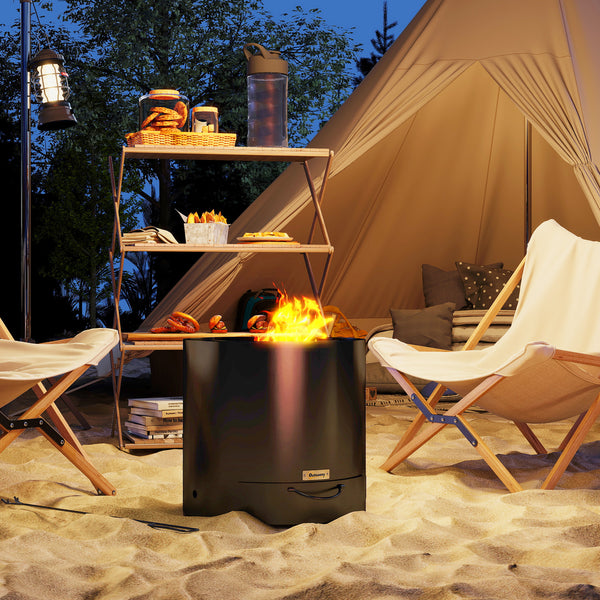 Outdoor Round Smokeless Fire Pit with Ash Tray, Wood Burning Firepit with Fire Poker for Patio Bonfire BBQ Camping, Black