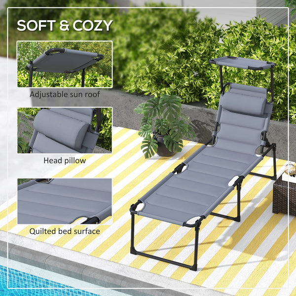 2 Pieces Outdoor Lounge Chair, Adjustable Backrest Folding Chaise Lounge, Cushioned Tanning Chair with Sunshade Roof & Pillow Headrest for Beach, Camping, Hiking, Gray