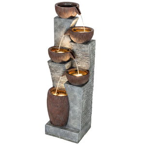 Outdoor Water Fountain with 5-Tier Crock Design, 51.2" Tall Cascading Waterfall Garden Fountain with LED Lights and Adjustable Flow, Rustic Decor for Patio, Backyard, Gray and Rustic Brown