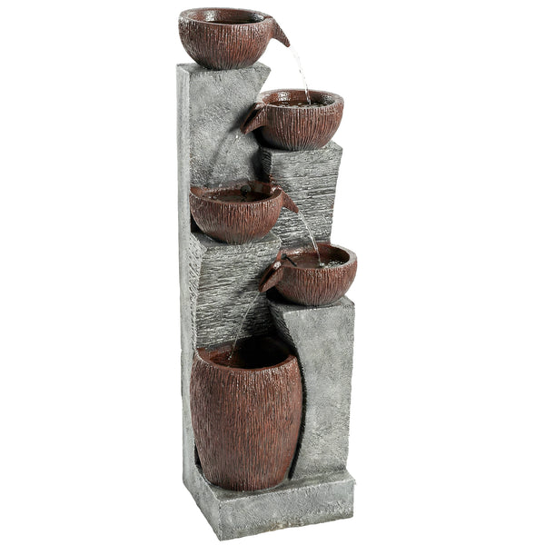 Outdoor Water Fountain with 5-Tier Crock Design, 51.2" Tall Cascading Waterfall Garden Fountain with LED Lights and Adjustable Flow, Rustic Decor for Patio, Backyard, Gray and Rustic Brown