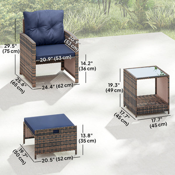 5 Piece Patio Furniture Set, Wicker Patio Chairs with Ottomans, 2-Tier Glass Coffee Table, Cushions, Outdoor Patio Furniture Conversation Set for Balcony, Brown/Dark Blue