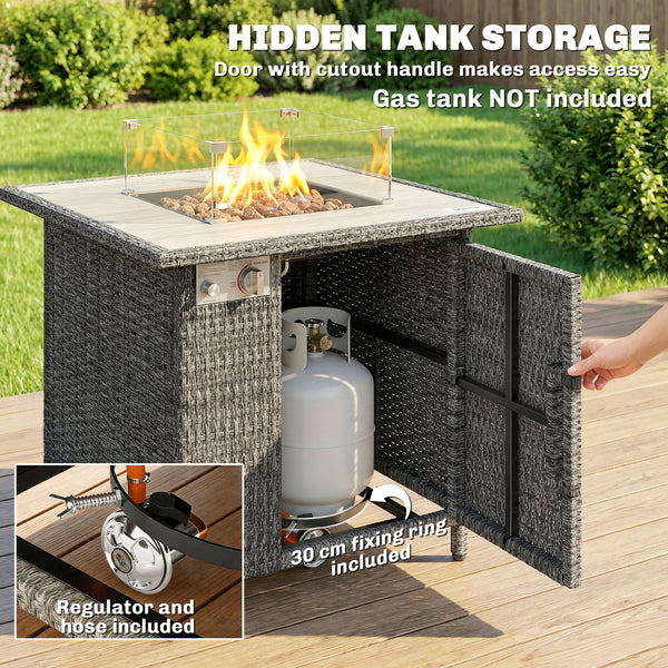 Rattan Gas Fire Pit Table, 14.5 KW Square Smokeless Propane Gas Fire Pit with Rain Cover, Wind Guard, Lid, Spark Guard Mesh, Lava Rocks, Outdoor Garden Coffee Table with Heater, Dark Grey