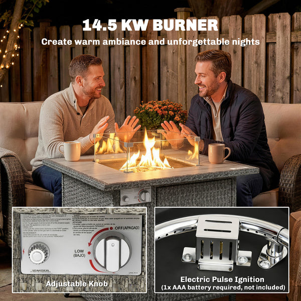 Rattan Gas Fire Pit Table, 14.5 KW Square Smokeless Propane Gas Fire Pit with Rain Cover, Wind Guard, Lid, Spark Guard Mesh, Lava Rocks, Outdoor Garden Coffee Table with Heater, Dark Grey