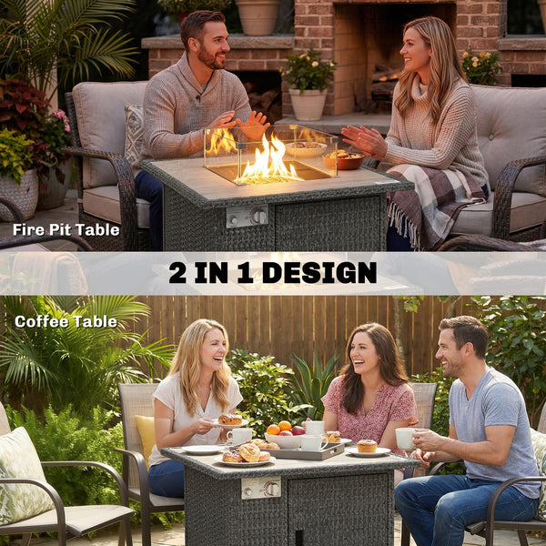 Rattan Gas Fire Pit Table, 14.5 KW Square Smokeless Propane Gas Fire Pit with Rain Cover, Wind Guard, Lid, Spark Guard Mesh, Lava Rocks, Outdoor Garden Coffee Table with Heater, Dark Grey